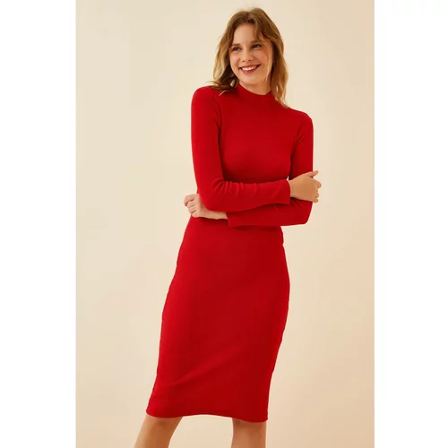 Happiness İstanbul Women's Red Stand Collar Ribbed Lycra Knitted Dress