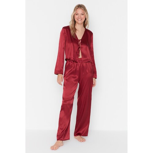 Trendyol Claret Red Tie Detailed Satin Woven Pajamas Set Slike