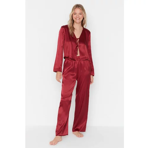 Trendyol Claret Red Tie Detailed Satin Woven Pajamas Set