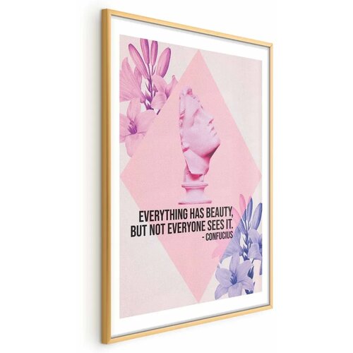  Plakat - Confucius on Beauty - a bust in pink with flowers and a quote 21x30 Zlatni okvir s margom Cene