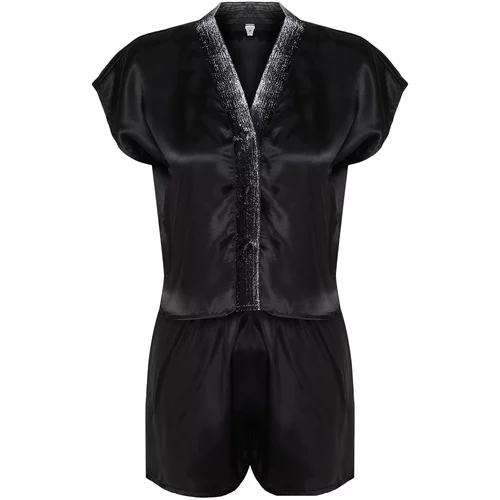 Trendyol Black Glitter Detailed Satin Woven Pajamas Set