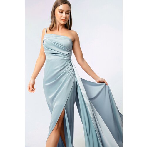 Lafaba Women's Baby Blue One-Shoulder Satin Evening Dress & Prom Dress Slike