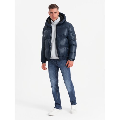 Ombre Warm men's puffer jacket with welts - navy blue Cijene