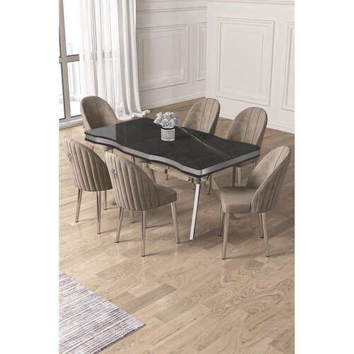 Hanah home trpezarijski set Pem, sto i 6 stolica, ploča u dekoru Sonata, hromirane noge, kapućino tkanina Babyface Cene