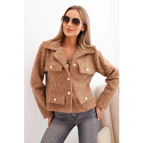Kesi Włoski Women's jacket with fluffy wool texture and decorative buttons camel Cene