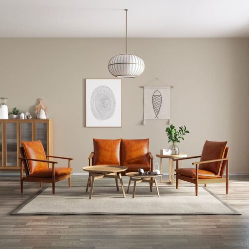  3-dijelni set sofa od prave kože i masivnog drva bagrema smeđi Slike