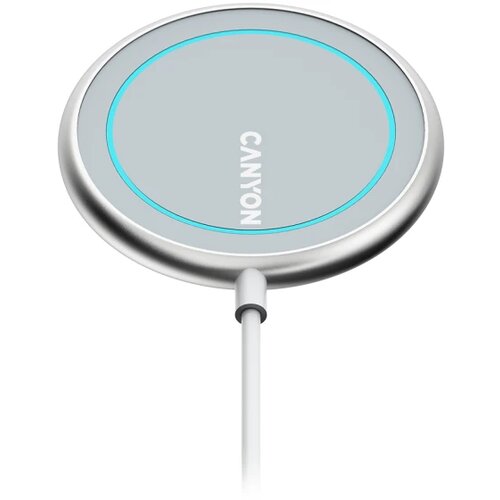 Canyon WS-100 Wireless charger, Input 9V/2A, 9V/2.7A, 12V/2A, Output 15W/10W/7.5W/5W, Type c cable length 1.5m, Acrylic surface+Aluminium alloy edge, 59*59*7mm, 0.06Kg, Silver Cijene