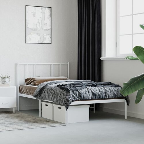 VidaXL Kovinski posteljni okvir z vzglavjem bel 100x190 cm Slike