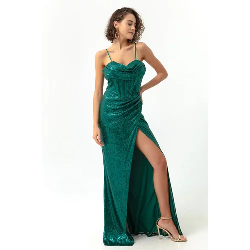 Lafaba Women's Emerald Green Underwire Corset Detailed Sequined Long Evening Dress with a Slit.