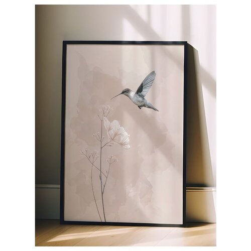 Wallxpert uramljena slika 115244, kolibri iznad belog cveta na bež akvarelnoj pozadini, 30 x 40 cm, crni ram Cene