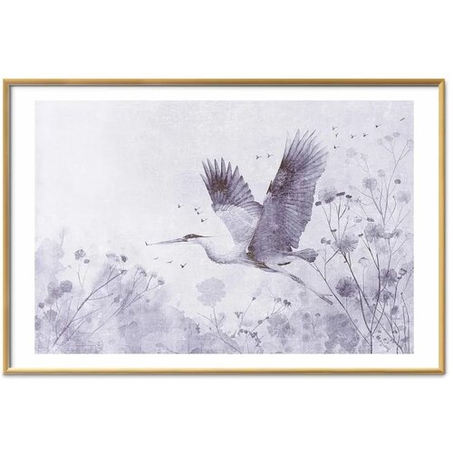  Plakat - Majestic Flight - crane in flight in a monochromatic cool color palette 60x40 Zlatni okvir s margom Slike