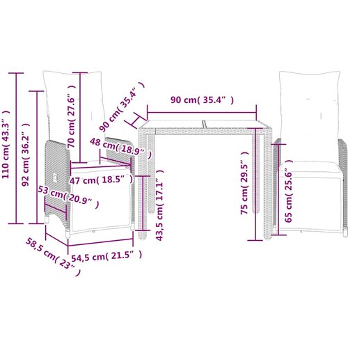  3-dijelni vrtni bistro set od poliratana s jastucima crni Crna 90 x 90 x 75 cm Slike
