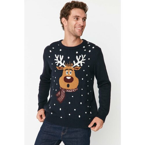 Trendyol Navy Blue Men Regular Fit Crew Neck Deer Pattern Christmas Knitwear Sweater Slike
