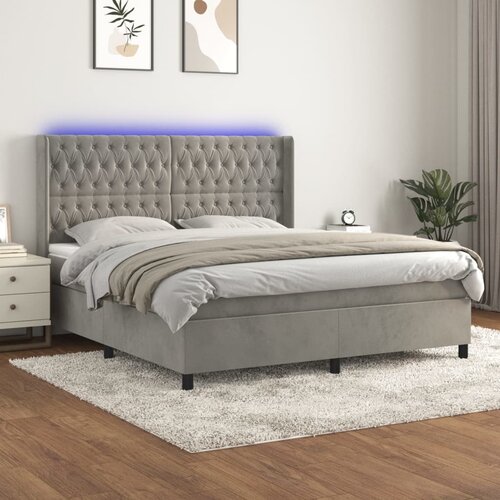 VidaXL Box spring postelja z vzmetnico LED svetlo siva 180x200cm žamet Slike