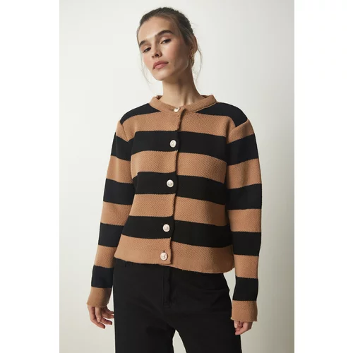 Happiness İstanbul Women's Biscuit Black Stylish Buttoned Striped Knitwear Cardigan