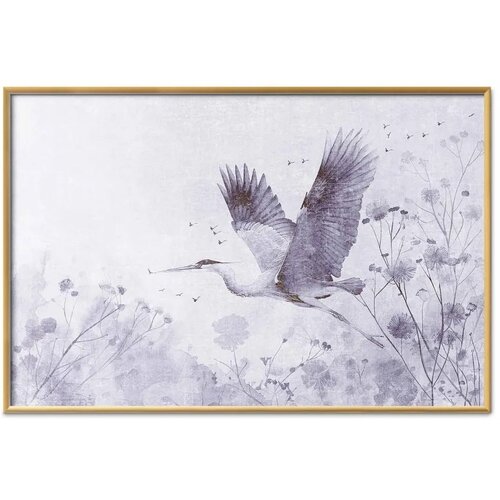  Plakat - Majestic Flight - crane in flight in a monochromatic cool color palette 60x40 Zlatni okvir Slike