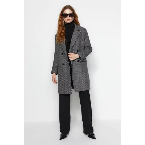 Trendyol Black Oversize Wide-Cut Herringbone Pattern Long Cachet Coat