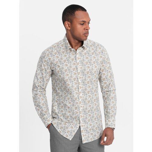 Ombre Men's SLIM FIT shirt in floral pattern - beige Slike