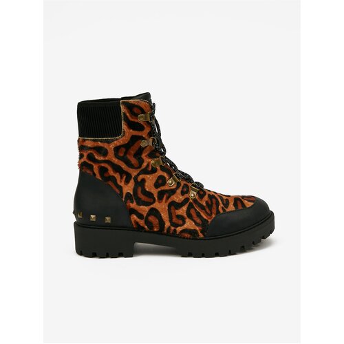 Desigual Brown Leather Ankle Boots with Leopard Pattern Biker Le - Ladies Slike