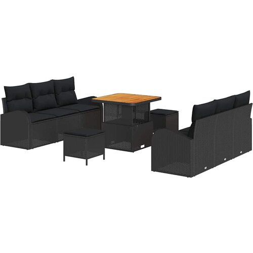 VidaXL 9-komadni vrtni set sofe s jastučićima, crni poli ratan, dvosed vrtna sofa s pohranom i jastučićima, crni poli ratan, 3-komadni vrtni set za blagovanje s jastučićima, crni poli ratan Slike