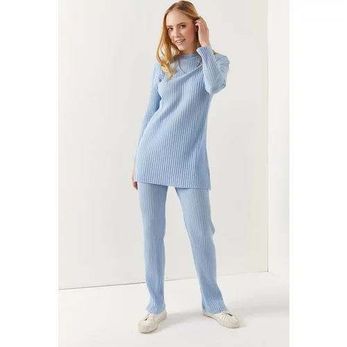 Olalook Women's Bebe Blue Top Slit Blouse Bottom Palazzo Ribbed Suit
