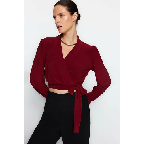 Trendyol Claret Red Double Breasted Crop Stretch Knitted Blouse