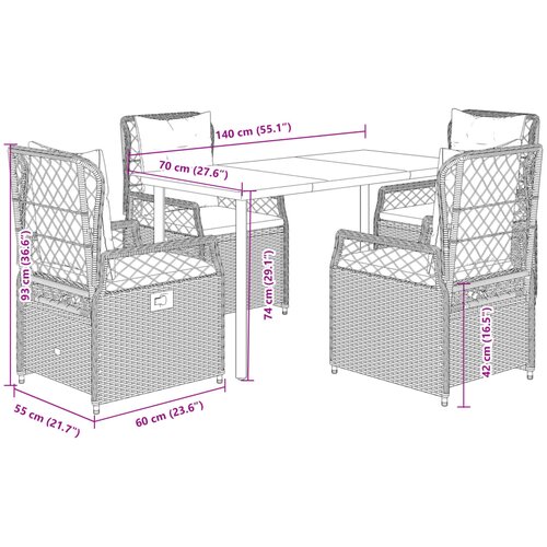  5-dijelni vrtni blagovaonski set s jastucima poliratan smeđi Smeđa 140 x 70 x 74 cm Slike