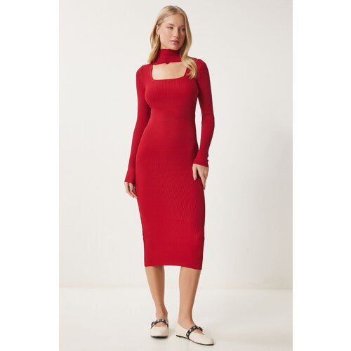 Happiness İstanbul Women's Red Cut Out Detailed Stand Collar Ribbed Knit Dress Slike