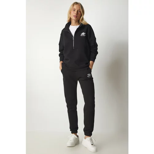 Happiness İstanbul Women's Black Zippered Collar and Rack Knitted Knitted Tracksuit Set