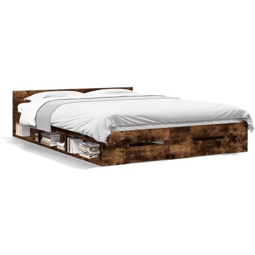  Posteljni okvir s predali dimljen hrast 140x190 cm inž. les Slike