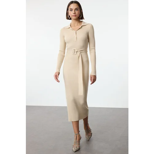 Trendyol Beige Maxi Belted Knit Dress