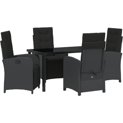 VidaXL Set za objedovanje u vrtu od 5 dijelova s jastucima Crni poli ratan, Vrtni stol Crni 140x80x73 cm Kaljeno staklo Slike