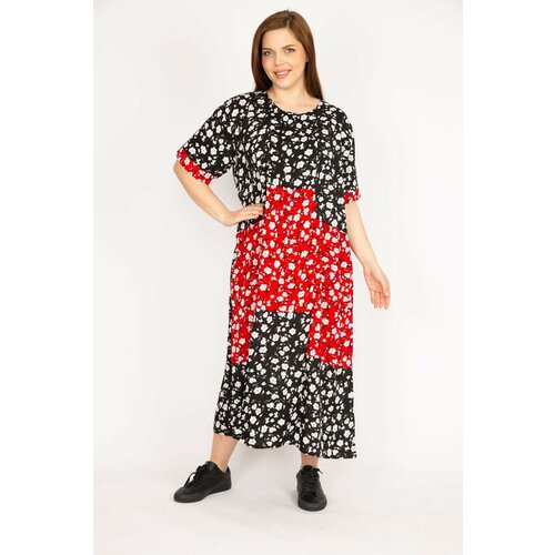 Şans Women's Black Plus Size Woven Viscose Fabric Patchwork Patterned Dress Slike