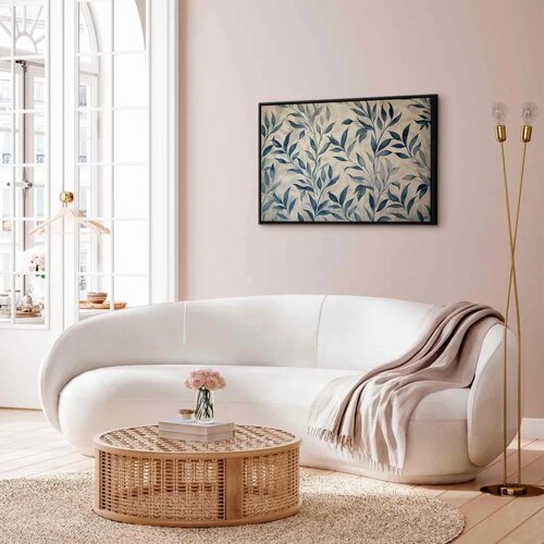  Slika - Leaves in Blue Color Delicate Botanical Motif 90x60 U crnom drvenom okviru Slike