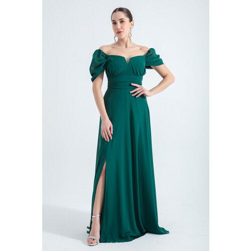 Lafaba women's emerald green open shoulder slit detailed tulle evening dress Cene