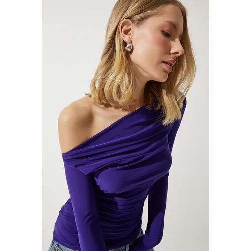  Women's Purple Draped Collar Gather Detailed Blouse