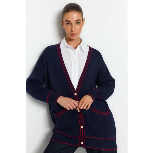 Trendyol Navy Blue Knitwear Cardigan with Pearl Buttons and Welt