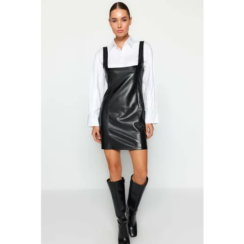 Trendyol Black Faux Leather Square Collar Mini Gilet Knitted Dress