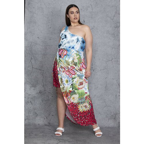 Şans Women's Plus Size Colorful One-Shoulder Dress With Slit And Petticoat Detailed Cene