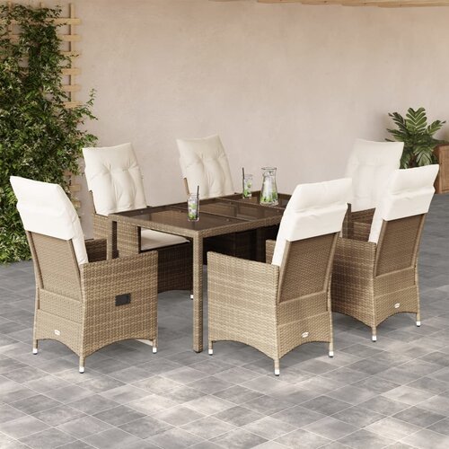  7-dijelni vrtni blagovaonski set od poliratana s jastucima bež 150 x 90 x 75 cm Slike