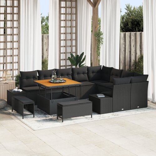 vidaXL 12-dijelni vrtni sofa set s jastučićima Crni Poli Ratan Akacija, 2-sjedna vrtna sofa s spremnikom i jastučićima Crni Poli Ratan, 3-dijelni vrtni set za objedovanje s jastučićima Crni Poli Ratan Akacija Cijene