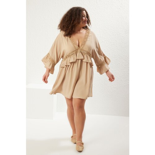 Trendyol Curve Mink Sleeve Ruffle Lace Stripe Detailed Mini Plus Size Beach Dress Slike