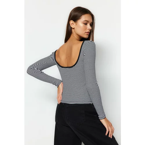 Trendyol Black and White Striped Open-back Fitted/Situated Ribbed Stretch Knit Blouse