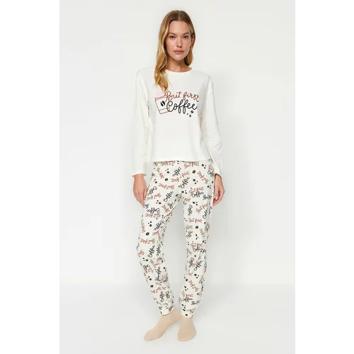 Trendyol Ecru 100% Cotton Motto T-shirt-Jogger Knitted Pajamas Set