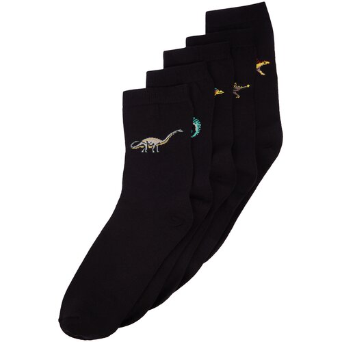 Trendyol Men's Black Cotton 5-Pack Dinosaur Pattern Crew Socks Slike