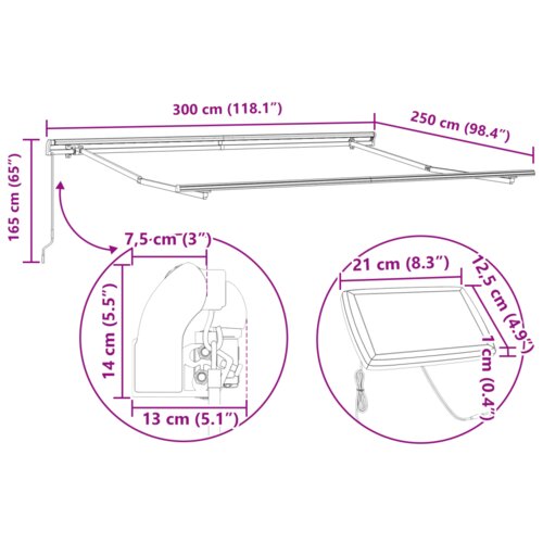 vidaXL Ročna Retraktibilna Tenda z LED Črna 300x250 cm, Nadomestna Tenda za Okvir 3x2.5 m Črna Cene