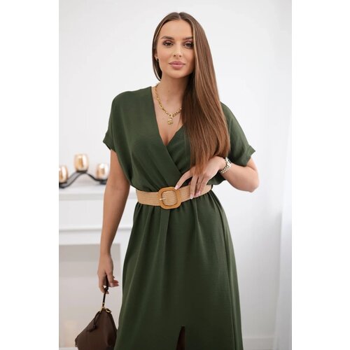 Kesi Włoski Long dress with a decorative belt khaki Cene