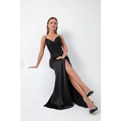 Lafaba Women's Black Satin Evening Dress &; Prom Dress with Straps and a Slit