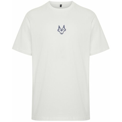 Trendyol Ecru Regular/Normal Fit Wolf Embroidered 100% Cotton T-Shirt Slike