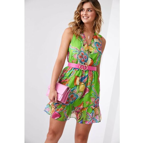 Fasardi Light patterned dress with a green and pink belt Slike